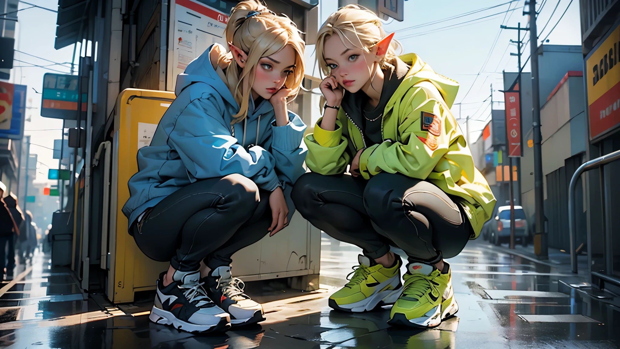 (highest quality, 8k, 32k, masterpiece, Ultra-high resolution):1.2, Blurred Background, Great photo with beautiful saturation, Ultra-high resolution,(Realistic:1.4)),Deep Shadow,(highest quality), ultra Realistic,32k,Highly detailed CG Unity 8k wallpaper, highest quality,Trendy clothing,((sneakers)),(Squat down),Hands hang down naturally,Hooded jacket,Street side,((Elf)),(Blonde),1girl