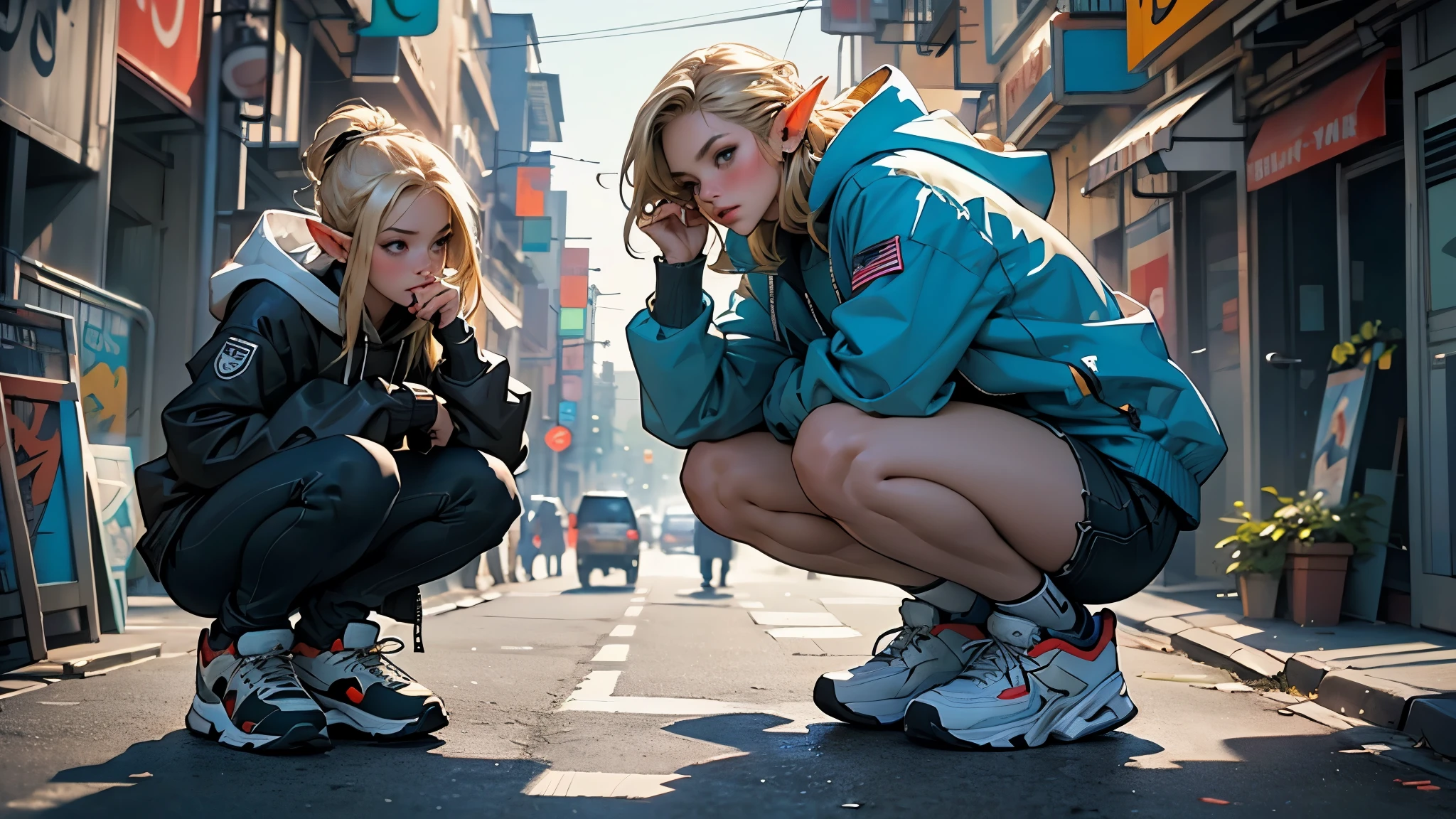 (highest quality, 8k, 32k, masterpiece, Ultra-high resolution):1.2, Blurred Background, Great photo with beautiful saturation, Ultra-high resolution,(Realistic:1.4)),Deep Shadow,(highest quality), ultra Realistic,32k,Highly detailed CG Unity 8k wallpaper, highest quality,Trendy clothing,((sneakers)),(Squat down),Hands hang down naturally,Hooded jacket,Street side,((Elf)),(Blonde),1girl