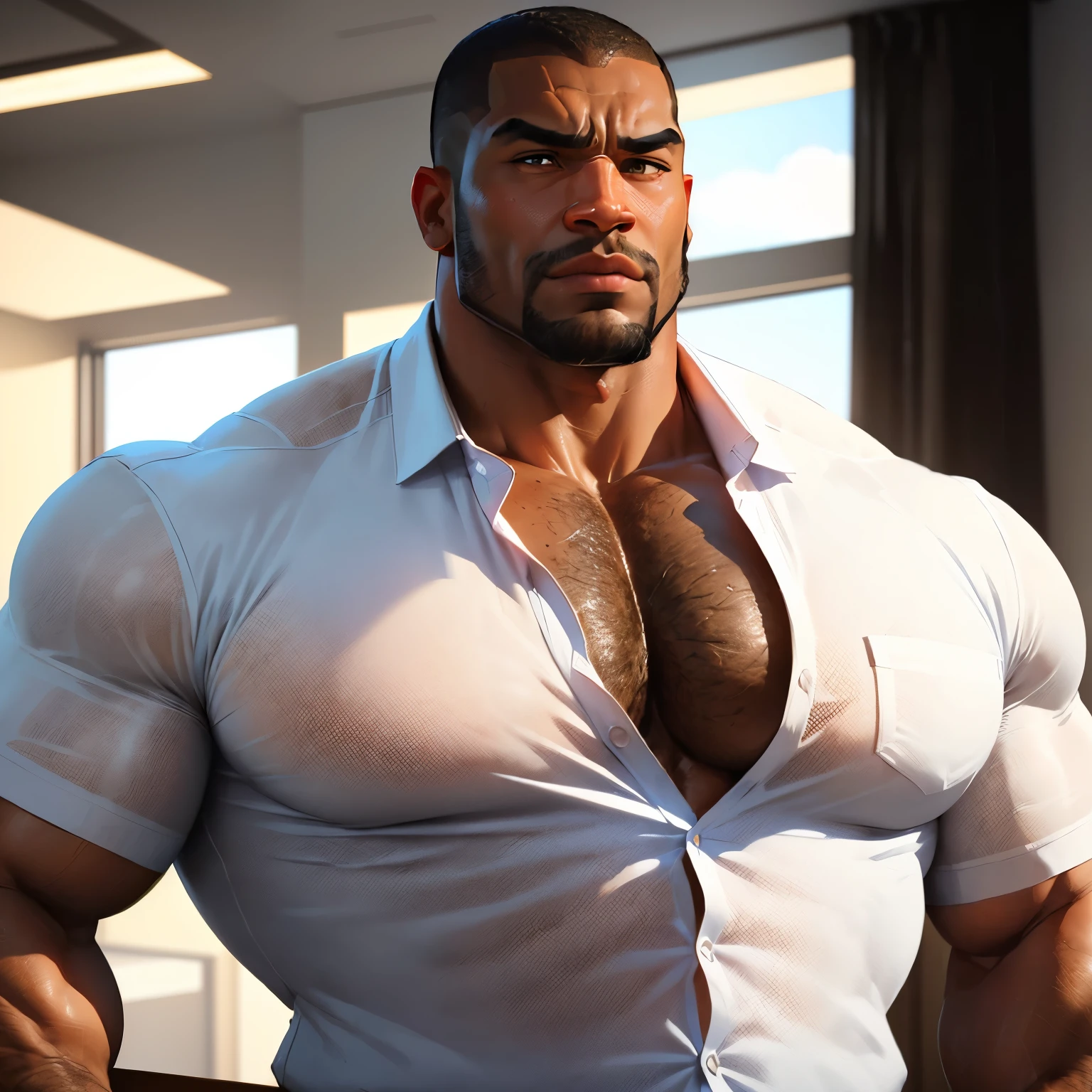 an exaggeratedly muscular and large bodyguard, beefy build, beard, dark-skinned african american male, buzzcut hair with square line, (nervous expression: 1.2), (wearing see-through white business shirt: 1.1), (bara pecs: 1.3), beefy pecs, (arm and chest hair: 1.3), portrait HD, (grassy football arena)