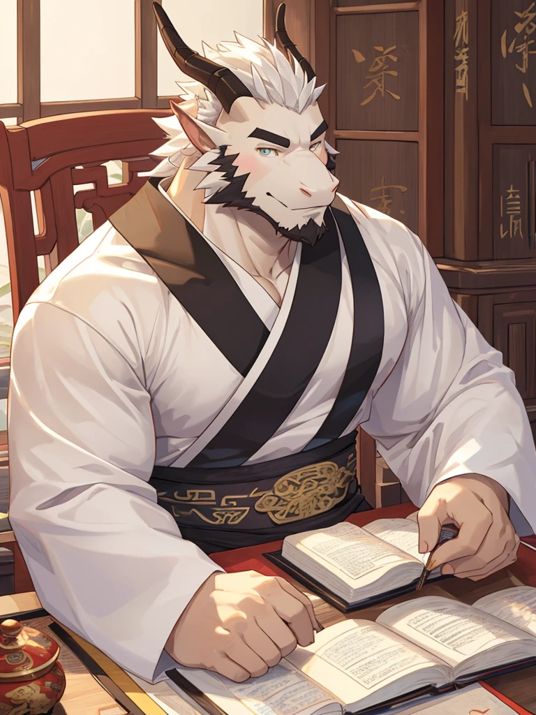 (white eastern dragon),furry,fuii body shot,white mustache,big pecs,hearty males,artbook,muscular,Hanfu,holding_stylus,sitting_on_desk,adult,traditional_chinese_room