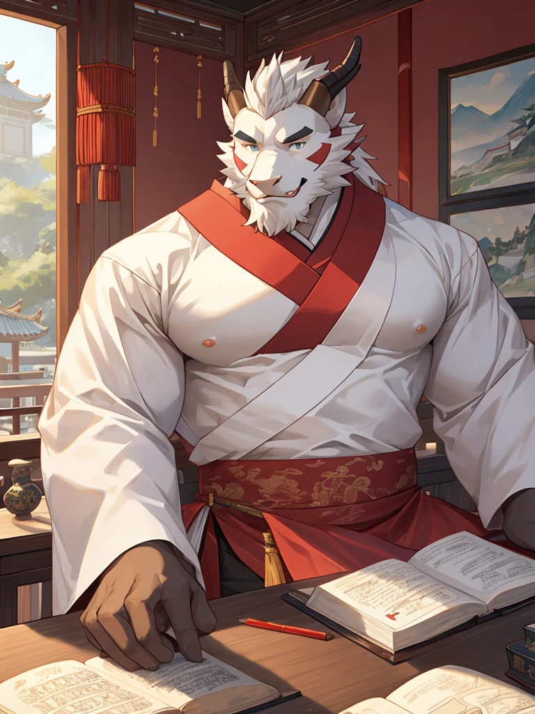 (white eastern dragon),furry,fuii body shot,white mustache,big pecs,hearty males,artbook,muscular,Hanfu,holding_stylus,sitting_on_desk,adult,traditional_chinese_room