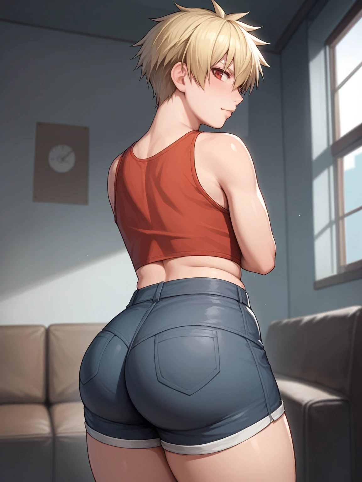 score_9, score_8_up, source_anime, anime, standing, hellsing, seras, femboy, twink, shorts, otoko no, crop top, indoors, ass, ass cheeks, plump ass, rating:safe, sfw