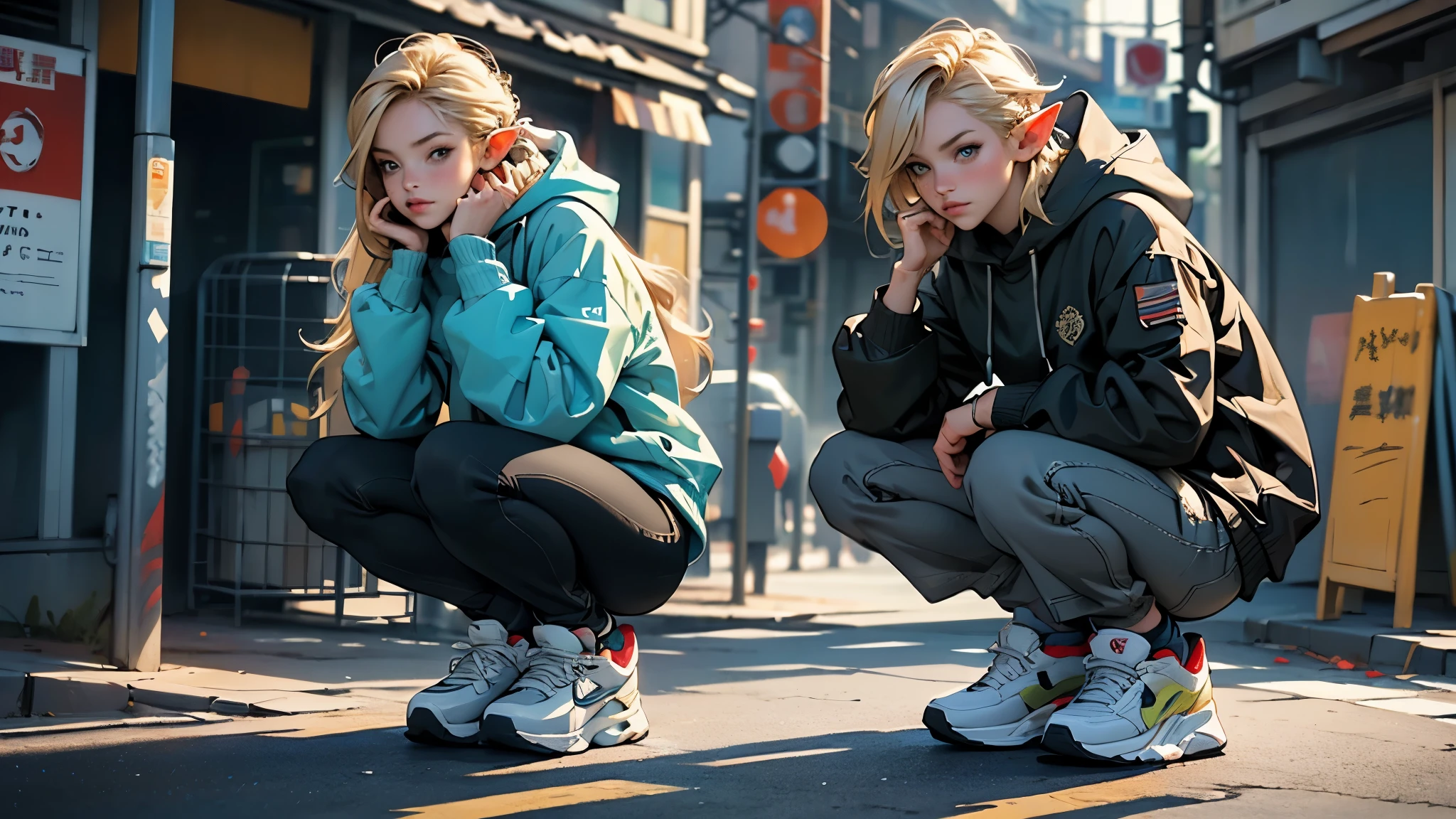 (highest quality, 8k, 32k, masterpiece, Ultra-high resolution):1.2, Blurred Background, Great photo with beautiful saturation, Ultra-high resolution,(Realistic:1.4)),Deep Shadow,(highest quality), ultra Realistic,32k,Highly detailed CG Unity 8k wallpaper, highest quality,Trendy clothing,((sneakers)),(Squat down),Hands hang down naturally,Hooded jacket,Street side,((Elf)),(Blonde),1girl