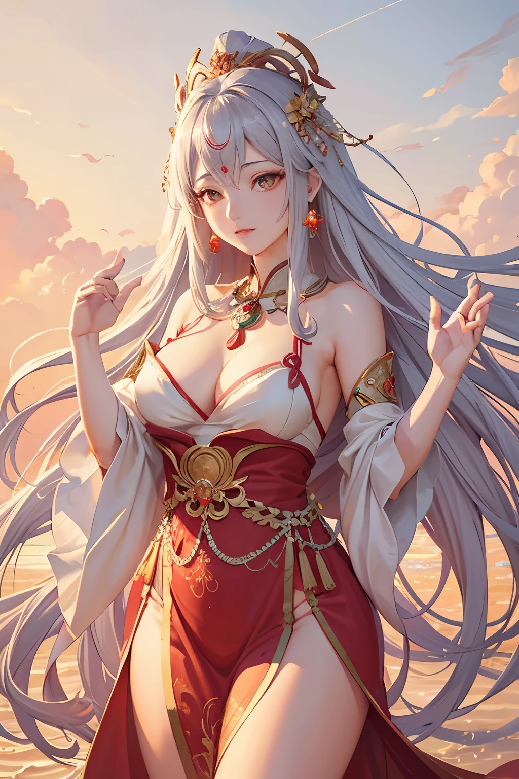 Mazu Q-version Image Design: A serene goddess figure, standingly posed with one hand outstretched towards the calm sea, intricately dressed in traditional attire, adorned with delicate patterns and red blush on perfectly shinny skin. Her long, lustrous silver hair flows gently in the tranquil breeze, with beautiful eyes looking thoughtfully into the distance. The image capture is made with Smooth Anime CG Art, using the latest realistic anime 3D style, Unparalleled beauty shining through, brought to life in magnificent detail by an anime painter studio masterpiece. The vibrant colors and hyper-realistic scene illuminate the Q version of this iconic Mazu image