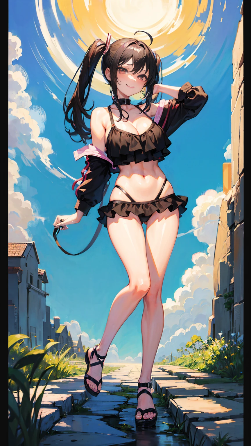 masterpiece,anime style,chibi,sexy girl,black hair,shoulder length hair with two pigtails,bikini,smiling,larger breasts,waiting on the right side of the image,showing cleavage,full body,standing,alone