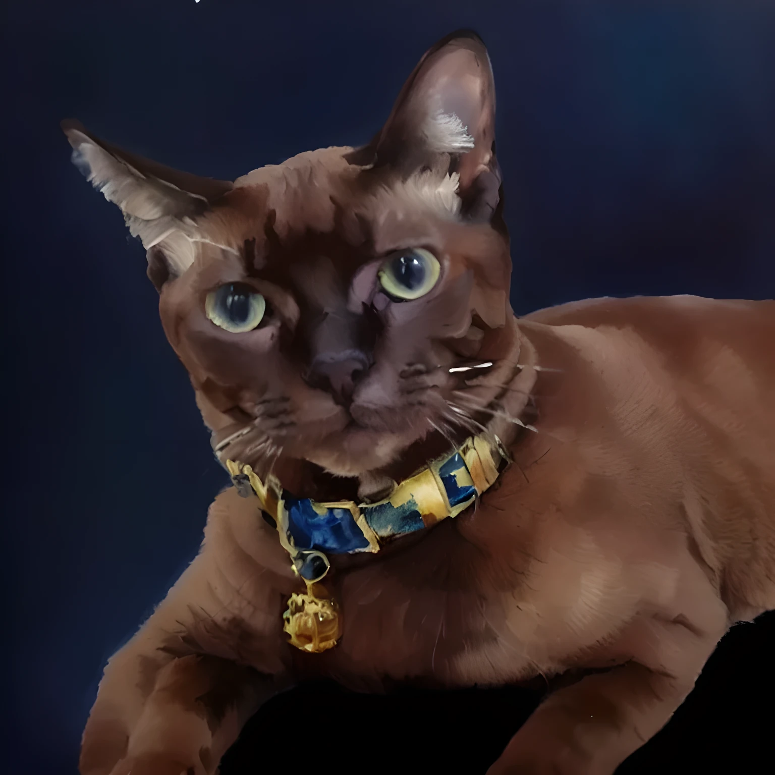 (a painting by mse) (brush strokes) (masterpiece, best quality),there is a there is a dark brown that is laying down with a tag on it's blue collar,aesthetic siamese cat, very beautiful, glamour shot, amber, photo of a cat, cat, detailed portrait shot, a cat, a beautiful, portrait