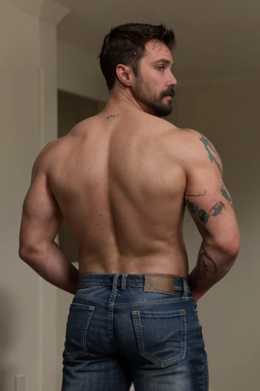 JordanBrandt, 45yo, short mustache and beard, wearing jeans, shirtless, backside