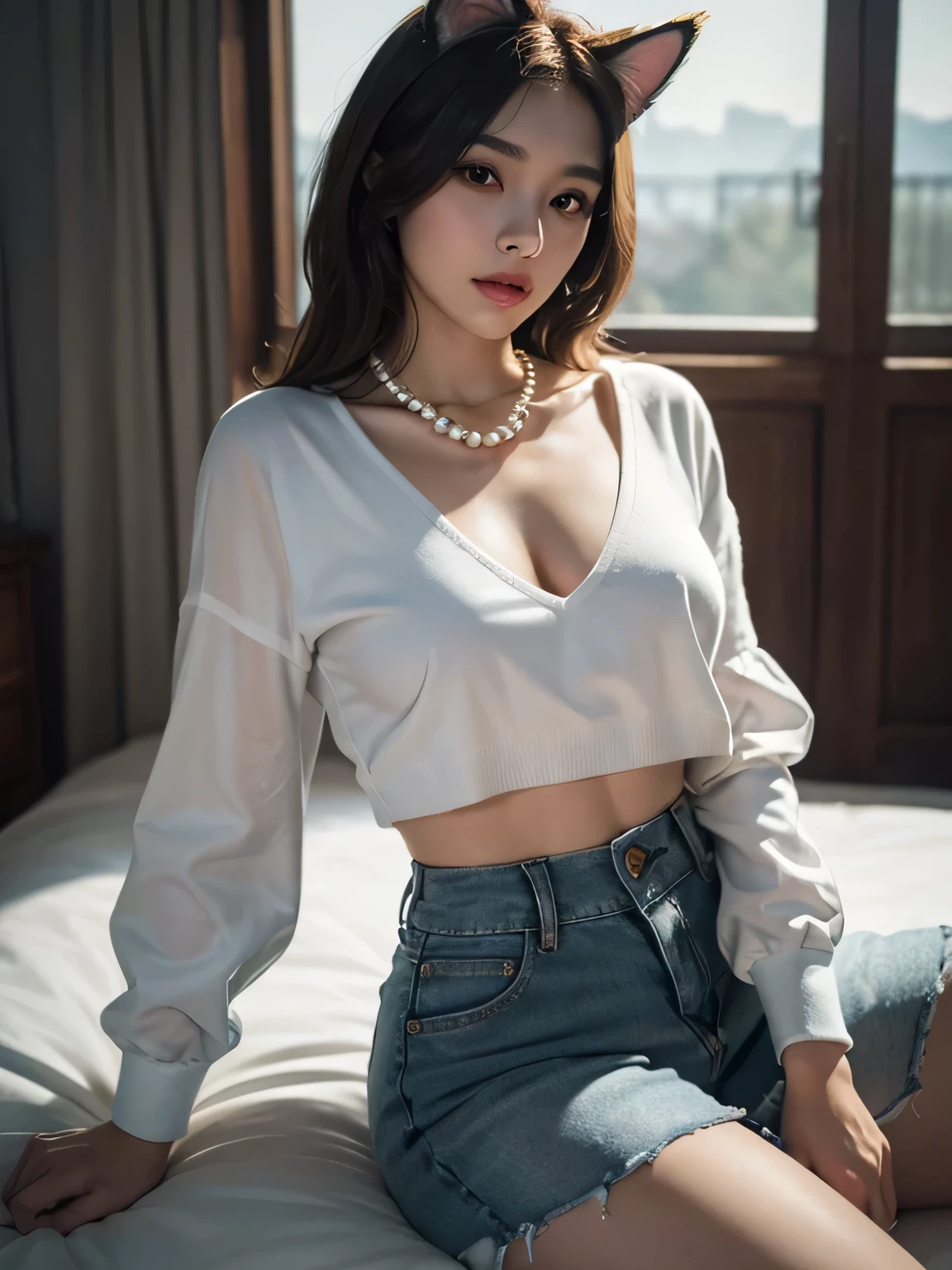 (best quality,4k,8k,highres,masterpiece:1.2),ultra-detailed,(realistic,photorealistic,photo-realistic:1.37),Medium Butterfly cut hair color gray,Oval face,white flawless fur,Round eyes color amber,bottom nose,round full lips,douyin makeup palette color brows,long lashes,dog furry girl,croptop black,jean skirt with Doubles,pearl necklace,hand warmer,Dog ears,Dog tail,Hourglass body