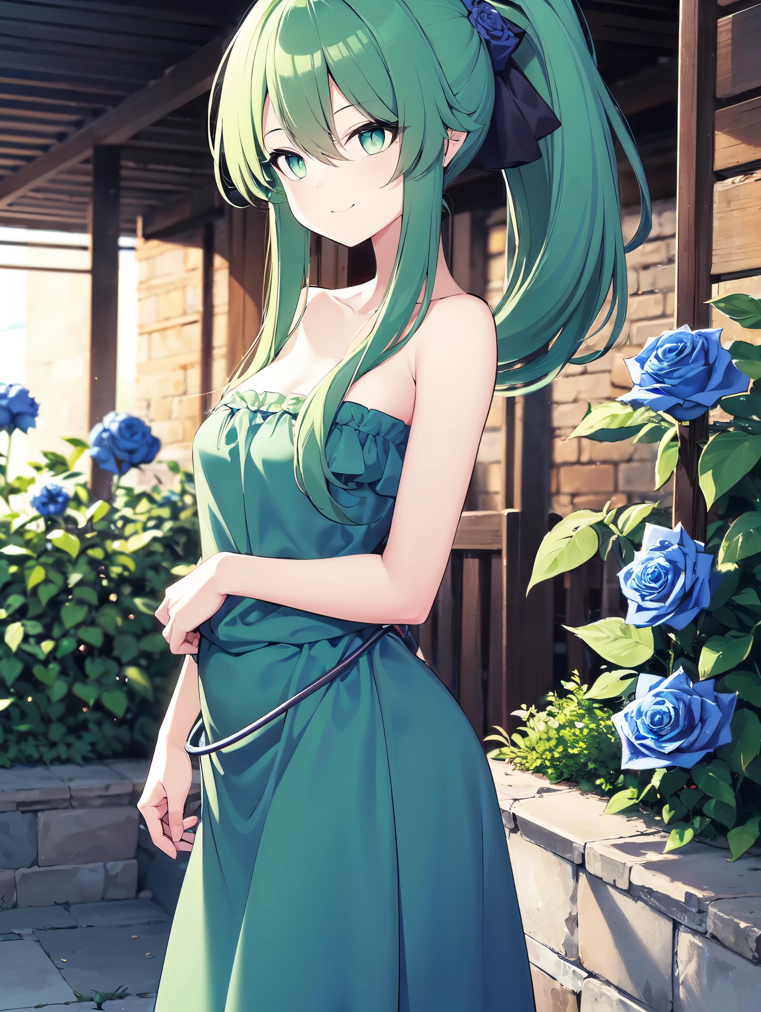 (cowboy shot), (colorful:1.1), glowing, (ultra-high resolution, depth of field:1.2), Touhou project, (komeiji koishi:1.1), (1woman), adult, medium breasts, (dark green eyes), white pupils, glowing eyes, green hair, wavy hair, (long hair), ponytail, (light blue strapless:1.2) (wearing a light blue strapless dress:1.2), frills, A closed blue-purplish "third eye", with cords wrapped around her torso and attached to each of her ankles, (blue roses in the background), garden scenery, gentle smile, (squinting eyes)