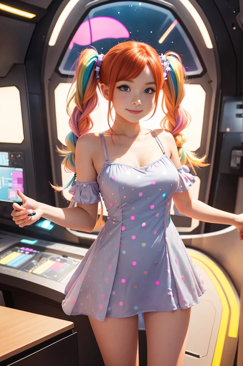 Cute redhead, gravure Idol, with rainbow colored hair tips, ribbons in her hair, 18-year-old woman, happy, in twin tails, perfect symmetrical eyes, clear sparkling blue eyes, pale skin, silky smooth skin, standing on a fancy luxurious space ship, large futuristic engine room, control panels, wood trim, decorative plants, warm lighting, wearing a futuristic dress, pleated (chemise) mini dress (pastel rainbow colors, and polka dots), wearing full body pantyhose, cute short cut booties.