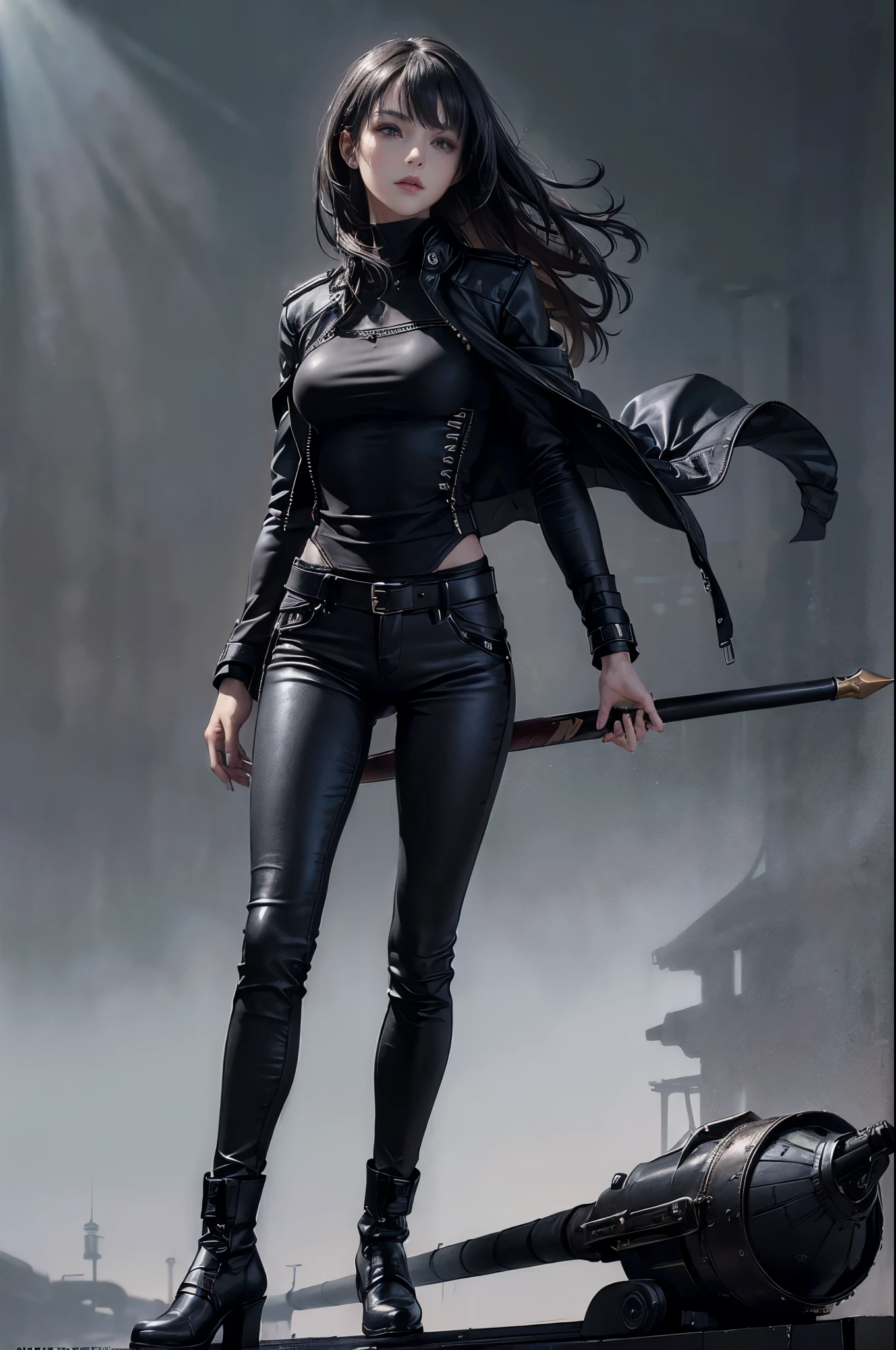 (Skin dents:1.5), Realistic, Realistic, (masterpiece:1.5), Concept Art, Intricate details, Very detailed, Realistic, Octane Rendering, 8k, Unreal Engine, Dynamic pose, highest quality, High resolution, (Realistic Face:1.1), (超Realistic:1.1), (((full_body))), Perfect Eyes,(Shiny skin:1.2), (((Hairstyle))), (((Perfect hands、Very detailed背景), ((Dynamic Background)), ((One girl)), Wearing a black leather jacket, Black leather long pants, Black T-shirt, Black boot rowing jacket))), ((Fine grain, High quality eyes, High quality face)), (Very exquisite jacket), Long black hair, dramatic, Depth of written boundary, Bokeh, 4K, (((underworld))), ((Standing pose))