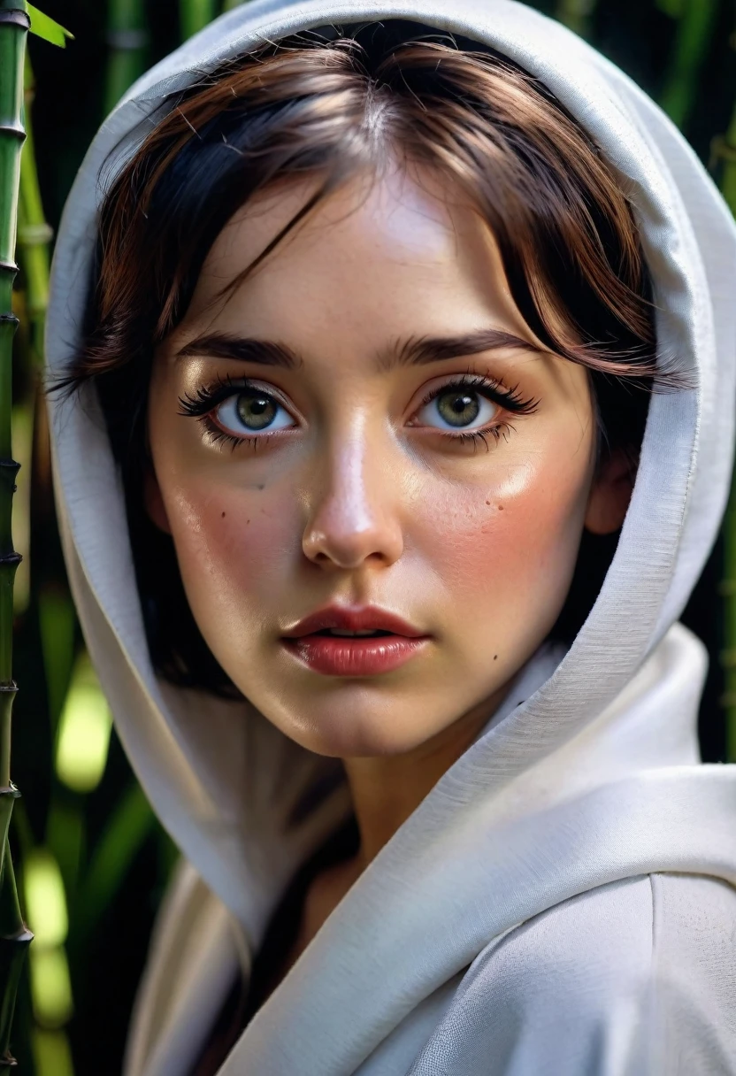 masterpiece, Best quality, soft spotlight lighting, absurdity, 1 girl, just concentrate, skin imperfection, dent in the skin, perfect face, puffy face, Beautiful face, big eyes, swollen eyes, Perfect eyes, eyelashes, super model of the future, glamor magazine Cosmopolitan (влияние sci-f'star wars') from influence of Steven Spielberg, open, bamboo forest, 8K, UHD, HDR, (masterpiece:1. 5), (Best quality:1. 5)