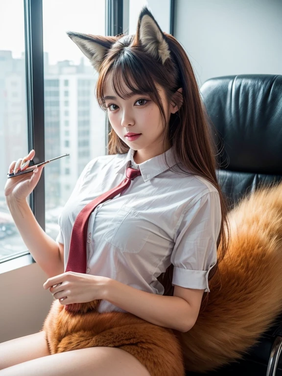 ((highest quality, 32k)), ((masterpiece)), (Familiar), Perfect Face, foxgirl, Beautiful girl, Company Office, Has a tail, She has a red fox's tail., She stands up her fluffy tail, cat collar, Beautiful hip line, Big Breasts, She is wearing underwear, A big tail sticks out, Troubled face, Get on all fours, Nice body