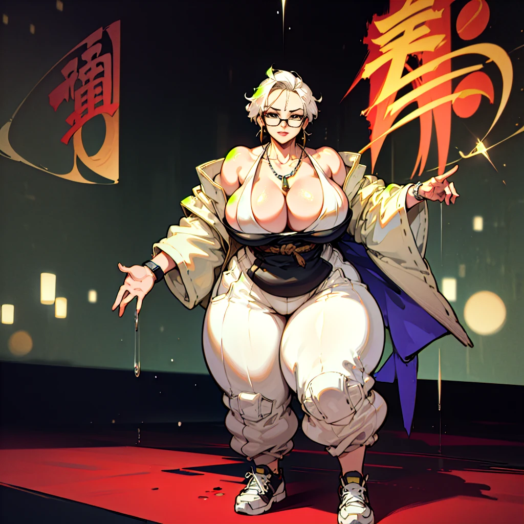 ((best quality)), ((masterpiece)), (detailed) perfect face, thicc woman , beautiful face , thicc girl , widest hips , thick neck, thicc , thick body , thick thighs , huge large breasts , her body is thicc , full body view , dark-black room, black bokeh background, thight dress , wearing sneakers, short hairstyle, diamond necklace, wearing a watch, tall woman, restore face, white skin , longest thight pants , glasses , cold vibes, , 4k resolution, japanese goddess
