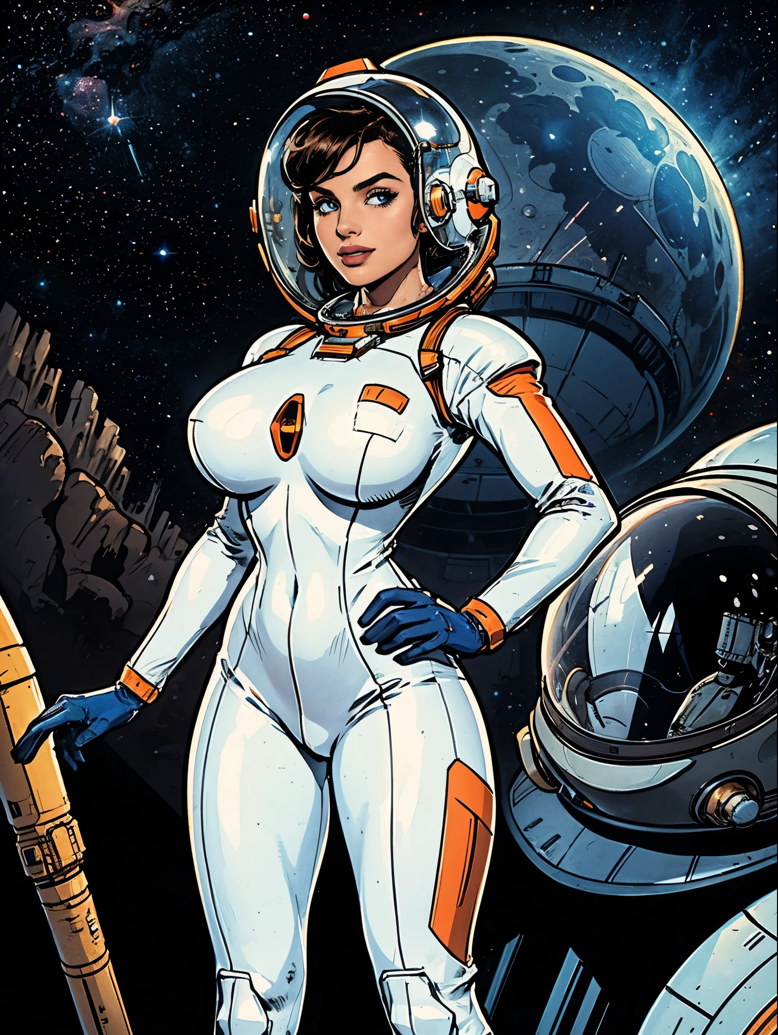 (masterpiece, top quality, best quality, official art, beautiful and aesthetic:1.2), (1girl:1.3), light freckles, fair skin, extremely detailed, portrait, looking at viewer, solo, (full body:0.6), detailed background, close up, (bright space pinup theme:1.1), busty 1950's pinup brunette space girl, charlatan, smiling, happy, mysterious, spacewalk, modest attire, white and orange space suit, spacesuit, helmet, bodysuit, ray gun, long boots, pouches, jetpack, glass helmet, rocket ship, ((((space helmet, narrow hips, slim sexy body, gigantic breasts)))), slim waist, slim hips, long legs, futuristic (lunar surface, on the moon, moon exterior:1.1) background, dark mysterious lighting, shadows, magical atmosphere, dutch angle,