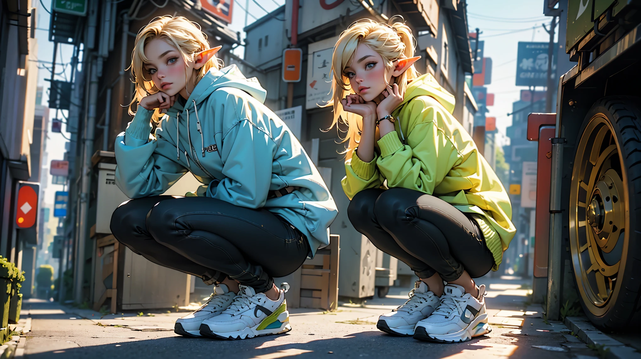 (highest quality, 8k, 32k, masterpiece, Ultra-high resolution):1.2, Blurred Background, Great photo with beautiful saturation, Ultra-high resolution,(Realistic:1.4)),Deep Shadow,(highest quality), ultra Realistic,32k,Highly detailed CG Unity 8k wallpaper, highest quality,Trendy clothing,((sneakers)),(Squat down),Hands hang down naturally,Hooded jacket,Street side,((Elf)),(Blonde),1girl