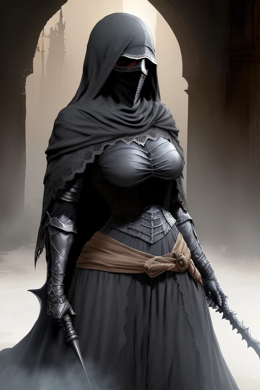 Estilo Dark Souls 3, Mujer, burqa, piel oscura, pose de batalla, enfoque completo, sensualidad, hermosa,