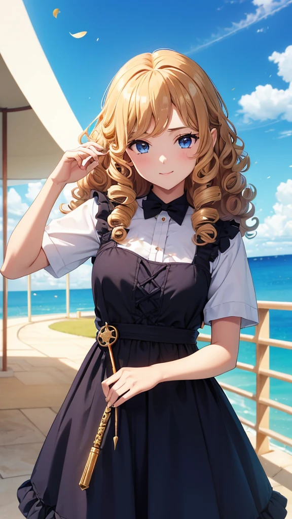 1 chica, (cabello iridiscente, cabello colorido, pelo mitad azul y mitad rosa: 1.2), , blue_cielo, holding a magic wand, verano (marsen), Petals_en_liquid, capa negra con capucha, vestido roto rojo y negro, Falda: 1.2, (gold leng curly hair: 1.5), cielo, exterior, nubes, golpes, sonrisa, cielo blue eyes, hombros descubiertos, manos perfectas, Detalles de la mano, dedos reparados. pendientes, mar + Fondo, mirando_en_espectador, tiro de vaquero, calidad superior, rico detalle, calidad de imagen perfecta, Amanecer