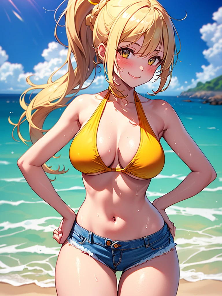 (highest quality, High resolution, perfect pixel, Depth of bounds written, 4K), beach, detailed eyes, (1 lady), tall, (skinny body:1.2) , (thin thighs:1.2), large breasts, blond hair, (ponytail:1.2), (denim short pants yellow bikini:1.2), (cross halter), (panty strap:1.2), (standing), (left Hand on Hip), (light smile), blush, sweat, 