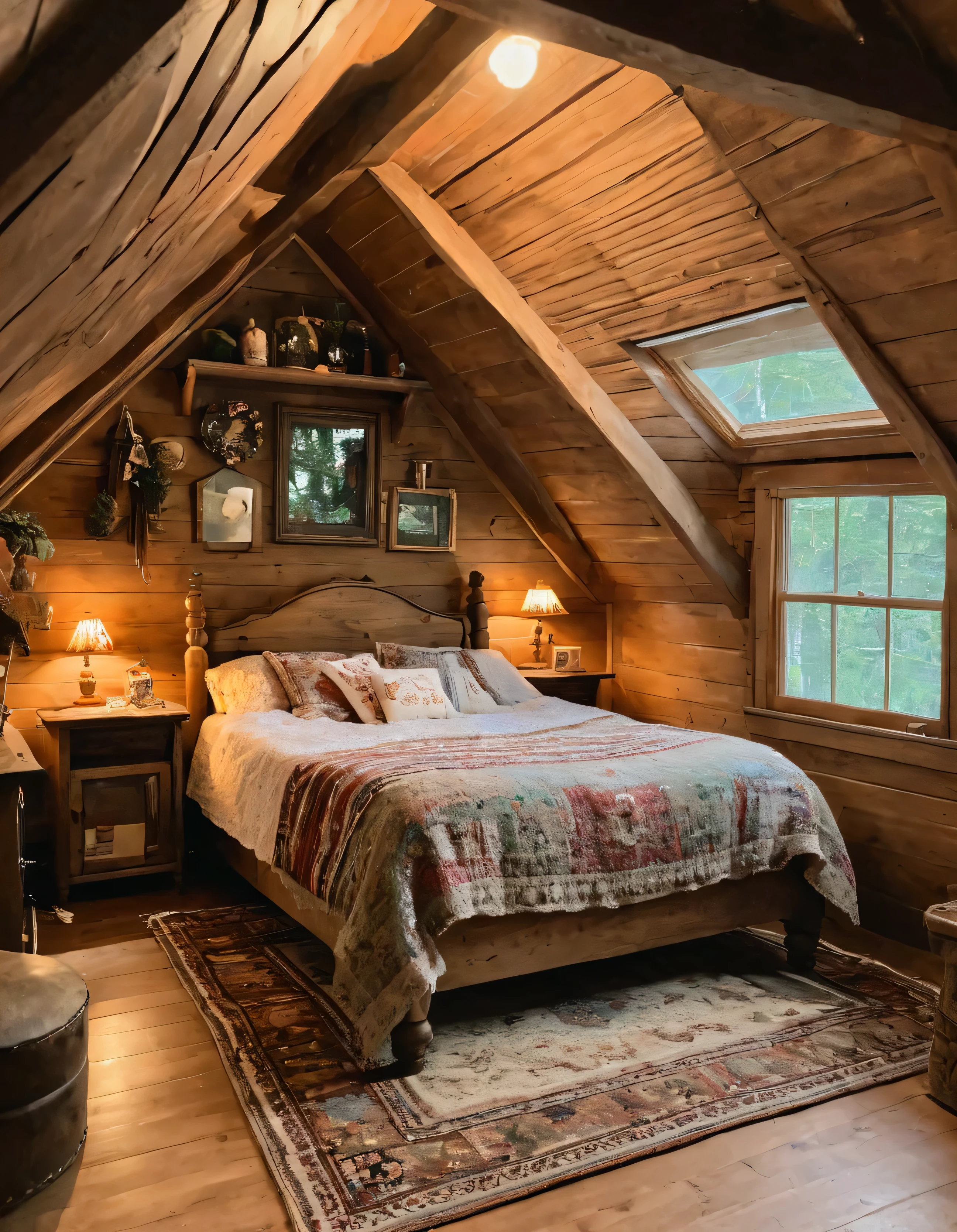 arafed bedroom with a bed and a rug in a small room, cozy room, cozy treehouse bedroom, small bedroom, cozy place, cozy bed, cottagecore hippie, thomas kinkade. cute cozy room, in an attic, cottagecore, cozy and peaceful atmosphere, pleasant cozy atmosphere, cottagecore!!, cabin in the woods