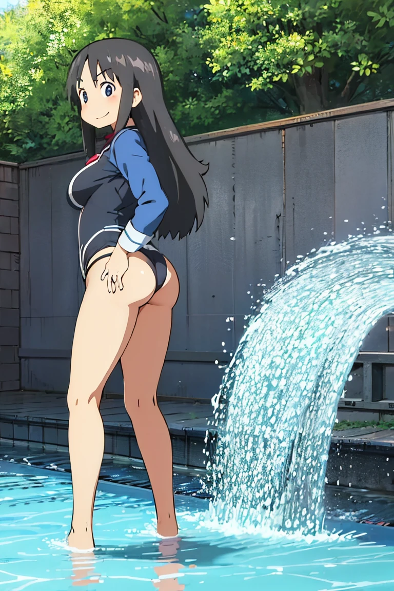 Kyoto animation, female, long hair, black hair, dark blue eye, cute face, thick eyebrows, big breast, sexy butt, slim body, atletic, sexy thigs, closed swimsuit, swimming in the swimming pool, smile, pose