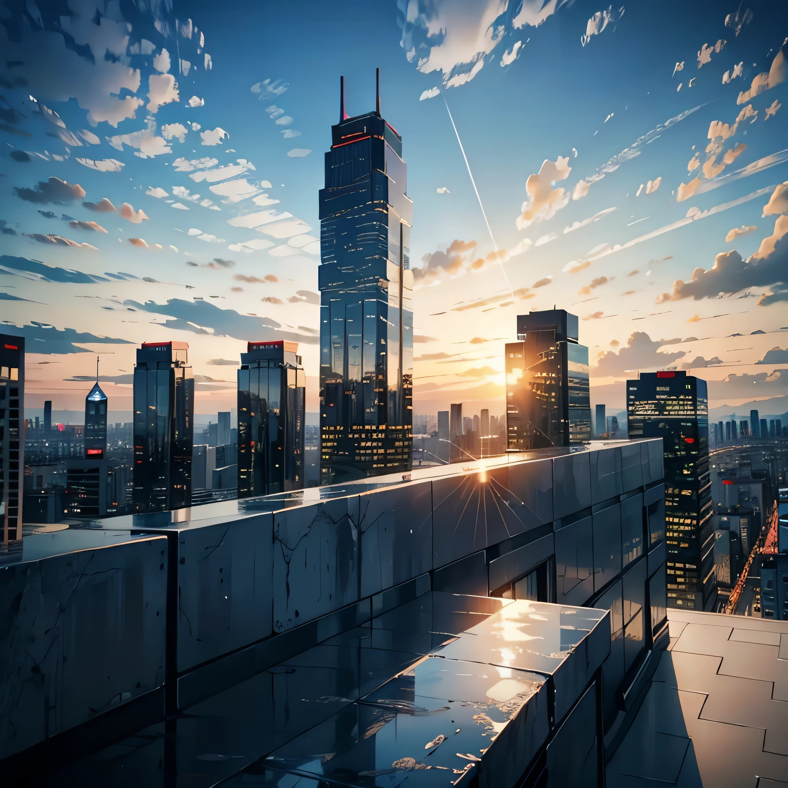 top angle of view,tmasterpiece,of the highest quality,4k quality, high resolution, Cinematic qualitytop of the building view,and the sun was shining brightly,City,City,polis,The city of the future,Golden-white tonearbled,Tall buildings tower,Buildings,Full of life,Technologie,Golden stone tiles,glass,Blue glasany buildings
