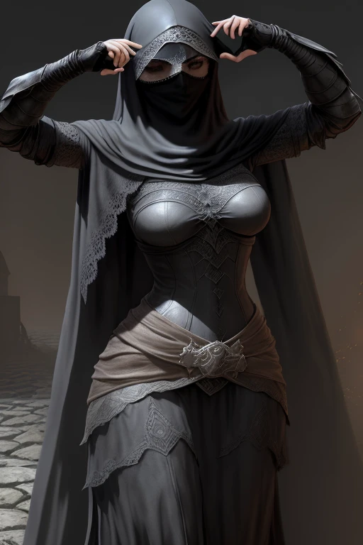 Estilo Dark Souls 3, Mujer delgada, burqa, piel oscura, pose de batalla, enfoque completo, sensualidad, hermosa,