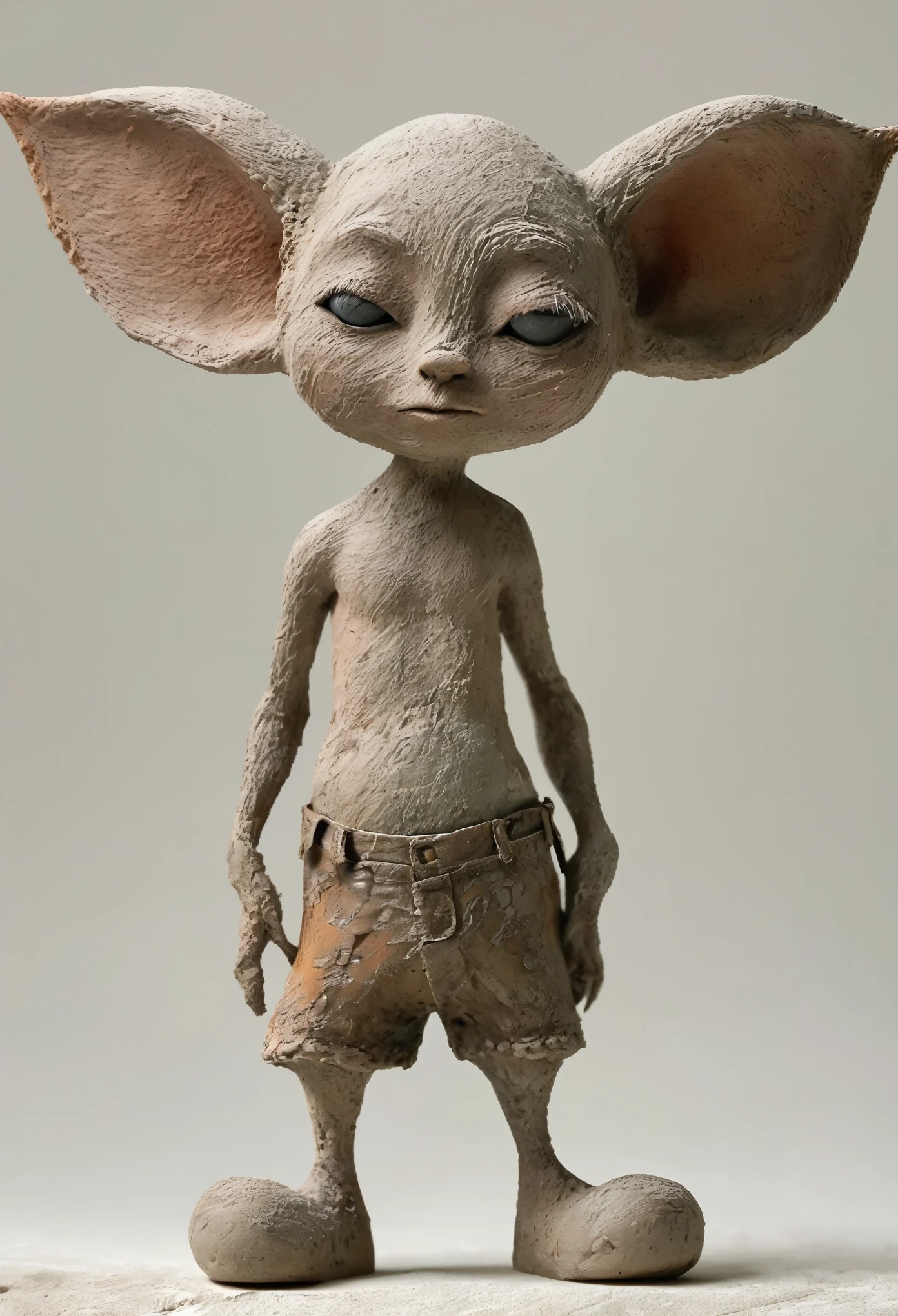 (best quality:1.2),ultra-light Clay, Clay, Pottery, Rough knitted texture, distressed, dirty, mineral pigments, 3D Clay sculpture art, Clay sculpture, Rough surface, (Art work，Big Eared Dwarf Shefner,Long legs，concept art,)