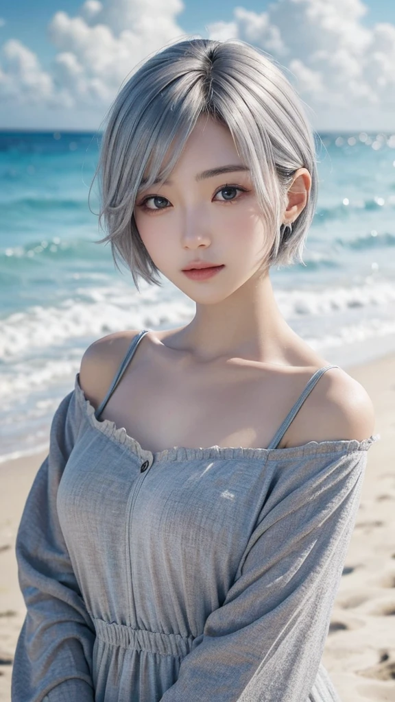 (Surreal) , (Like the picture:1.4),(Increase the resolution), (8k), (Very detailed), (Beautiful and fine details), (highest quality), (Ultra-detailed), (masterpiece), (wallpaper), (Detailed face), solo,1 girl, perfect beautiful japanese woman:1.4、19 years old、Looking at the audience, Subtle details, Detailed face, Cloudy, Deep Shadow, Close one eye,Free expression,Short hair silver color,The beach is blurred