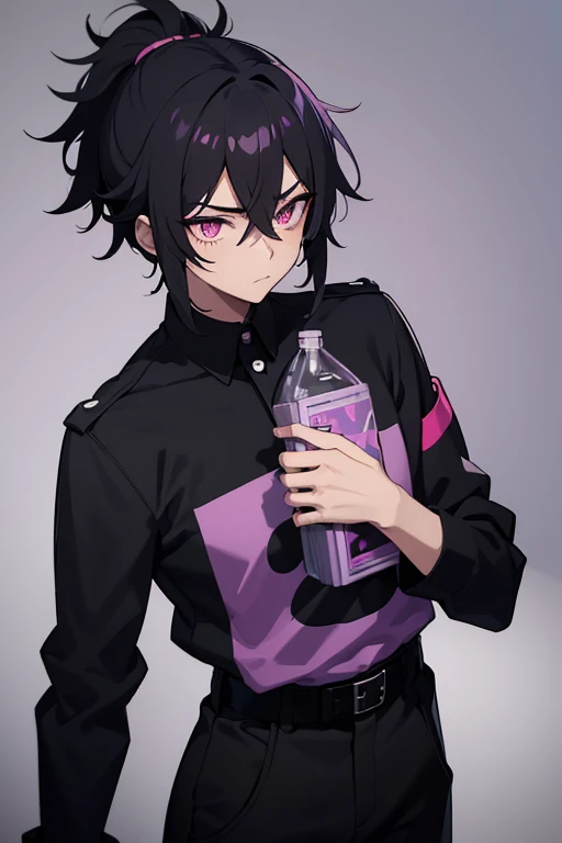 1boy, black anime hair, black messy anime hair with small ponytail, pink eyes, narrow eyes, purple police shirt, police shirt, purple shirt, black cargo pants, black pants, black baggy pants, baggy pants, black fur collar, fur collar, black fur collar shirt, police shirt, cold face, cold expression