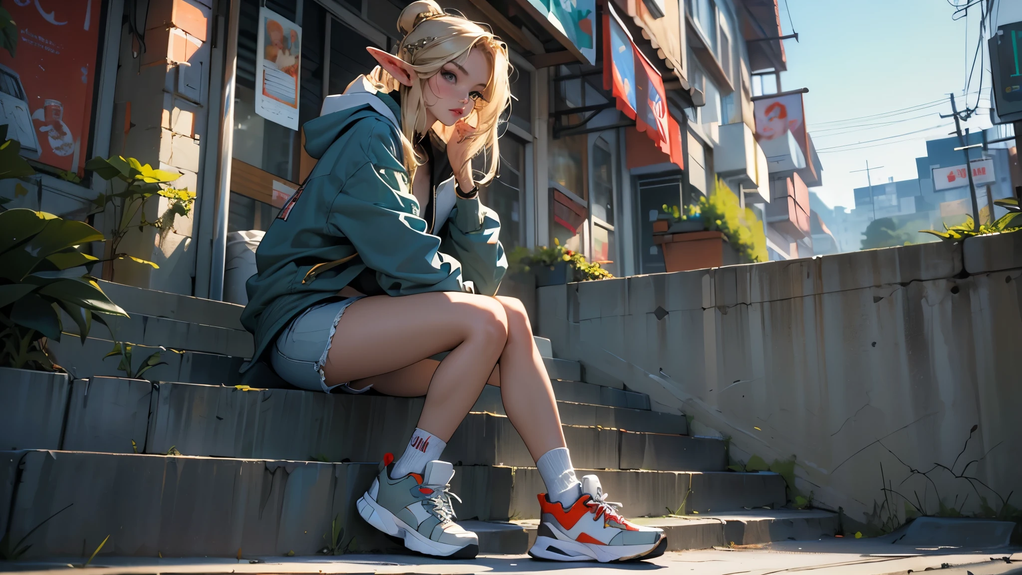 (highest quality, 8k, 32k, masterpiece, Ultra-high resolution):1.2, Blurred Background, Great photo with beautiful saturation, Ultra-high resolution,(Realistic:1.4)),Deep Shadow,(highest quality), ultra Realistic,32k,Highly detailed CG Unity 8k wallpaper, highest quality,Trendy clothing,((sneakers)),Hands hang down naturally,Hooded jacket,Street side,((Elf)),(Blonde),1girl