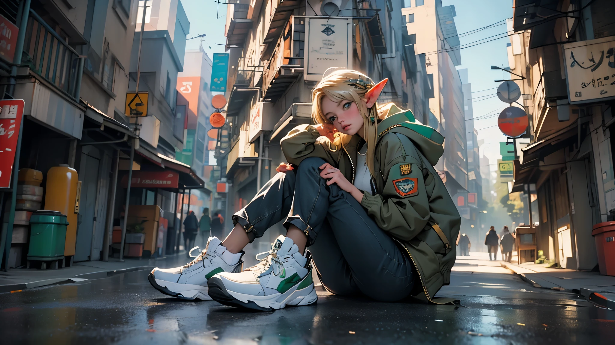 (highest quality, 8k, 32k, masterpiece, Ultra-high resolution):1.2, Blurred Background, Great photo with beautiful saturation, Ultra-high resolution,(Realistic:1.4)),Deep Shadow,(highest quality), ultra Realistic,32k,Highly detailed CG Unity 8k wallpaper, highest quality,Trendy clothing，((sneakers))，Hands hang down naturally，Hooded jacket，Street side，((Elf)),(Blonde),1girl