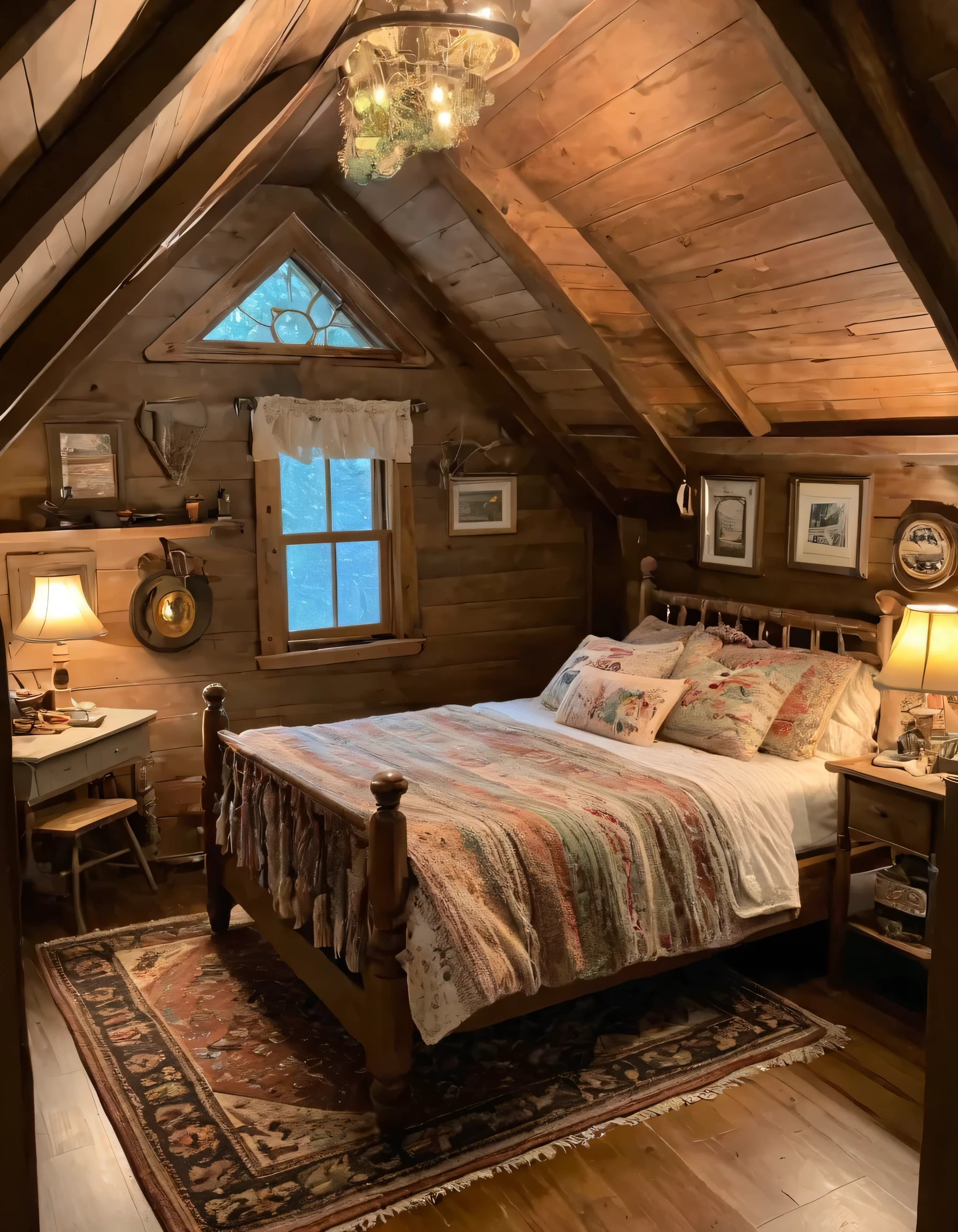 arafed bedroom with a bed and a rug in a small room, cozy room, cozy treehouse bedroom, small bedroom, cozy place, cozy bed, cottagecore hippie, thomas kinkade. cute cozy room, in an attic, cottagecore, cozy and peaceful atmosphere, pleasant cozy atmosphere, cottagecore!!, cabin in the woods
