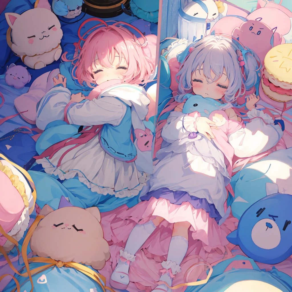 Anime World、fluffy、Loose、Heartwarming、Chibi sleeping in a cute pastel-colored macaron blanket、