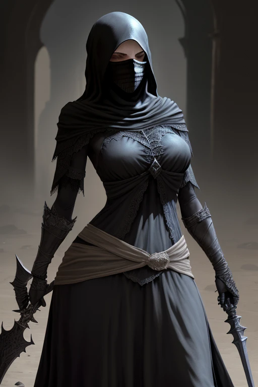 Estilo Dark Souls 3, Mujer delgada, burqa, piel oscura, pose de batalla, enfoque completo, sensualidad, hermosa,
