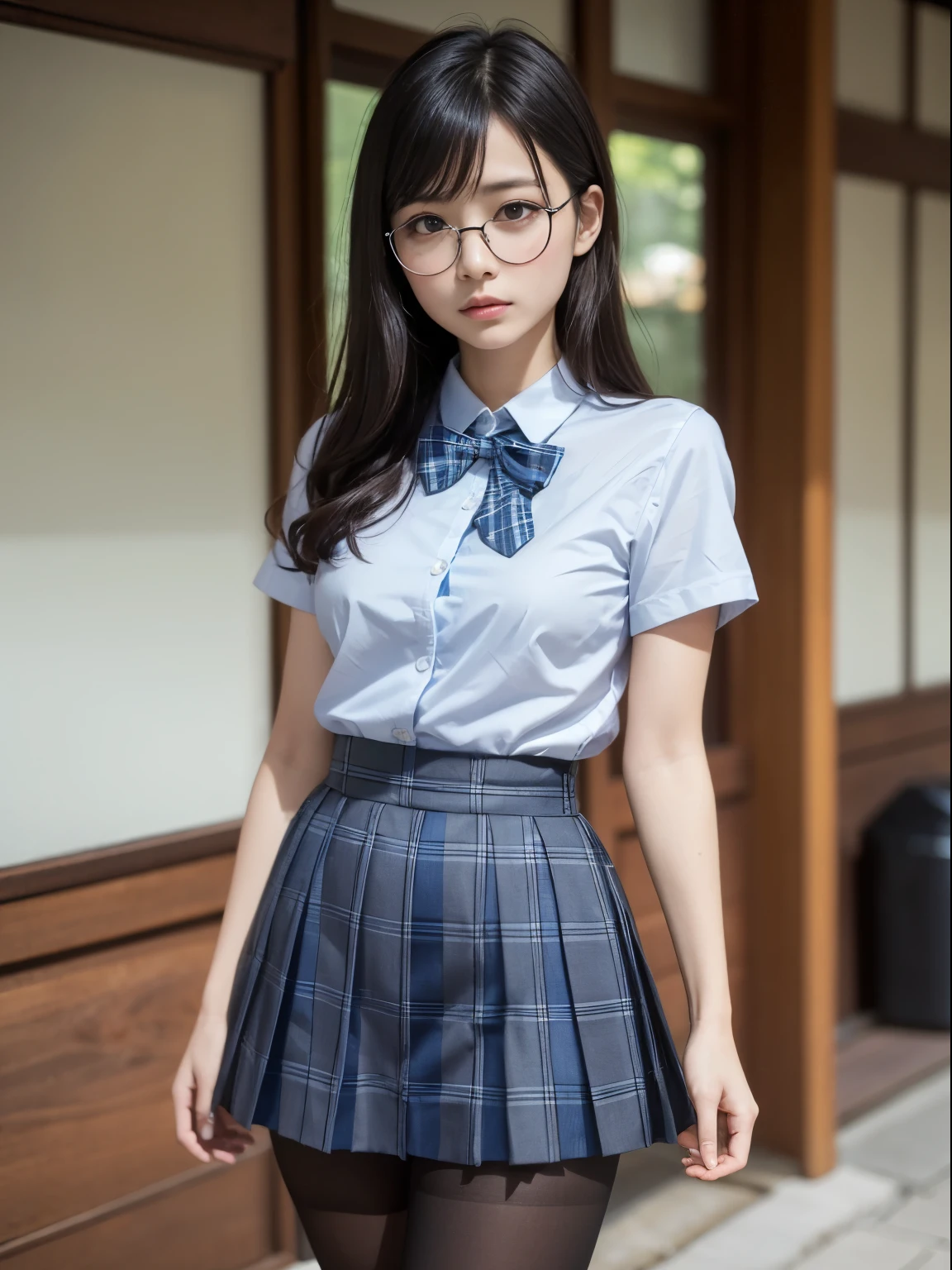 （8K、Raw photography、top-quality、​masterpiece：1.2),Bullish,Muchimuchi,Erotic,Pupils,Light Blue Bra,de pele branca,kne,(Black pantyhose),absurderes,a small face,,flat breast,Parting the bangs from the middle、Forehead visible,(a cold expression,Tight eyes,glares,Bullish,skinny,Rasping,irate)、​masterpiece,top-quality、超A high resolution,Raw photo,ren,Beautiful fece,One Person, solo,eye glass,,Dark look,Small breasts,fullllbody,Round glasses、cute little、JK ,hi-school girl,A Japanese Lady,is standing,（Photorealsitic：1.37）、Photon mapping,Realistic、Cute little face,Brown-eyed、Black socks、(Red bow tie)、Radio City、Physically Based Rendering、Foreground、depth of fields、Blurry background、a picture,The girls、Body,beauty legs, Long legs, Thin leg,(shorttwintail),(Bangs are visible), hair, s lips, Blue_The eye, nosesoft,(Light blue shirt), (Navy and blue and white plaid pleated skirt), Knees are visible,Sheer clothing,, Thigh, Black cotton socks,Nogizaka Idol, , Japanese ido