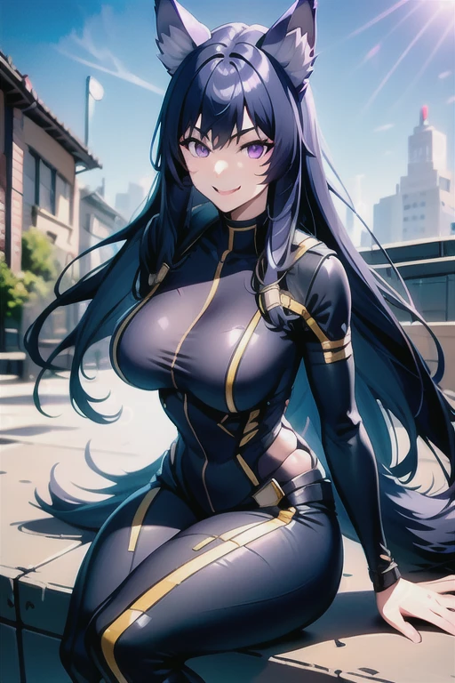 best quality, masterprice, 1girl, (solo:1.1), raytracing, ultra detailed,detailed face, 8k wallpaper, large breasts, smile, wide hips, (neocoill:0.8), outdoor, sitting, dynamic pose, outdoor,  DeltaNDV, long hair, animal ears, purple eyes, bangs, wolf ears, looking at viewer, wolf tail, bodysuit, tight clothes