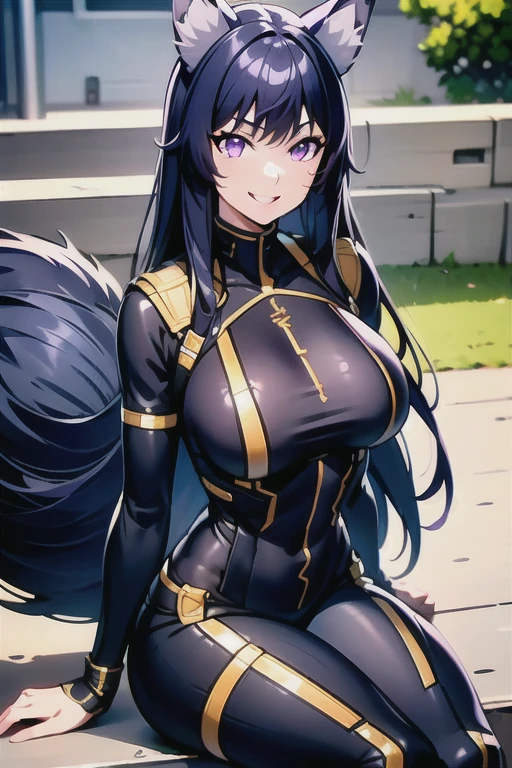 best quality, masterprice, 1girl, (solo:1.1), raytracing, ultra detailed,detailed face, 8k wallpaper, large breasts, smile, wide hips, (neocoill:0.8), outdoor, sitting, dynamic pose, outdoor,  DeltaNDV, long hair, animal ears, purple eyes, bangs, wolf ears, looking at viewer, wolf tail, bodysuit, tight clothes