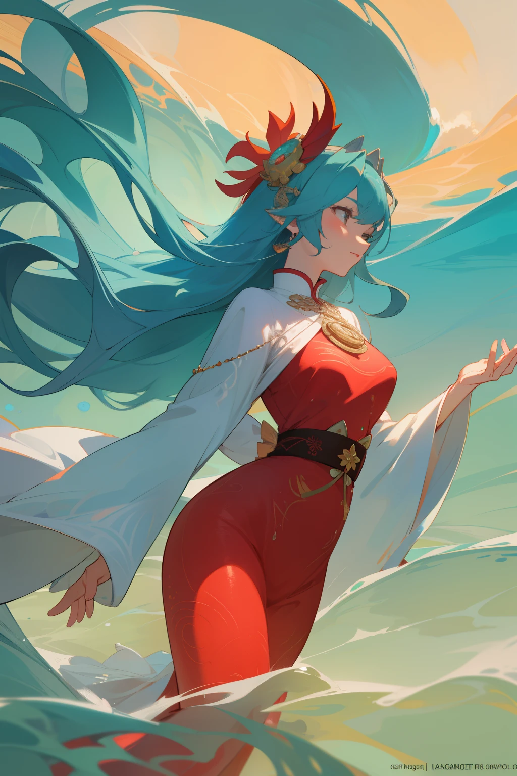Image Design of Sea God Mazu Q-Edition --s2
Graceful Sea God Mazu poses in a serene underwater setting, her long flowing robe adapted to the aquatic environment's unique features.
Mazu's magnificent, intricately detailed headdress, adorned with pearls and coral, reflects the shimmering sunlight filtering through the ocean waves. She holds a precious pearl in her outstretched hand, symbolizing her role as the protector of sailors and fishermen.
Her regal body, now adorned in a skillfully designed qipao, accentuates her curves, drawing the audience's eyes to her hour