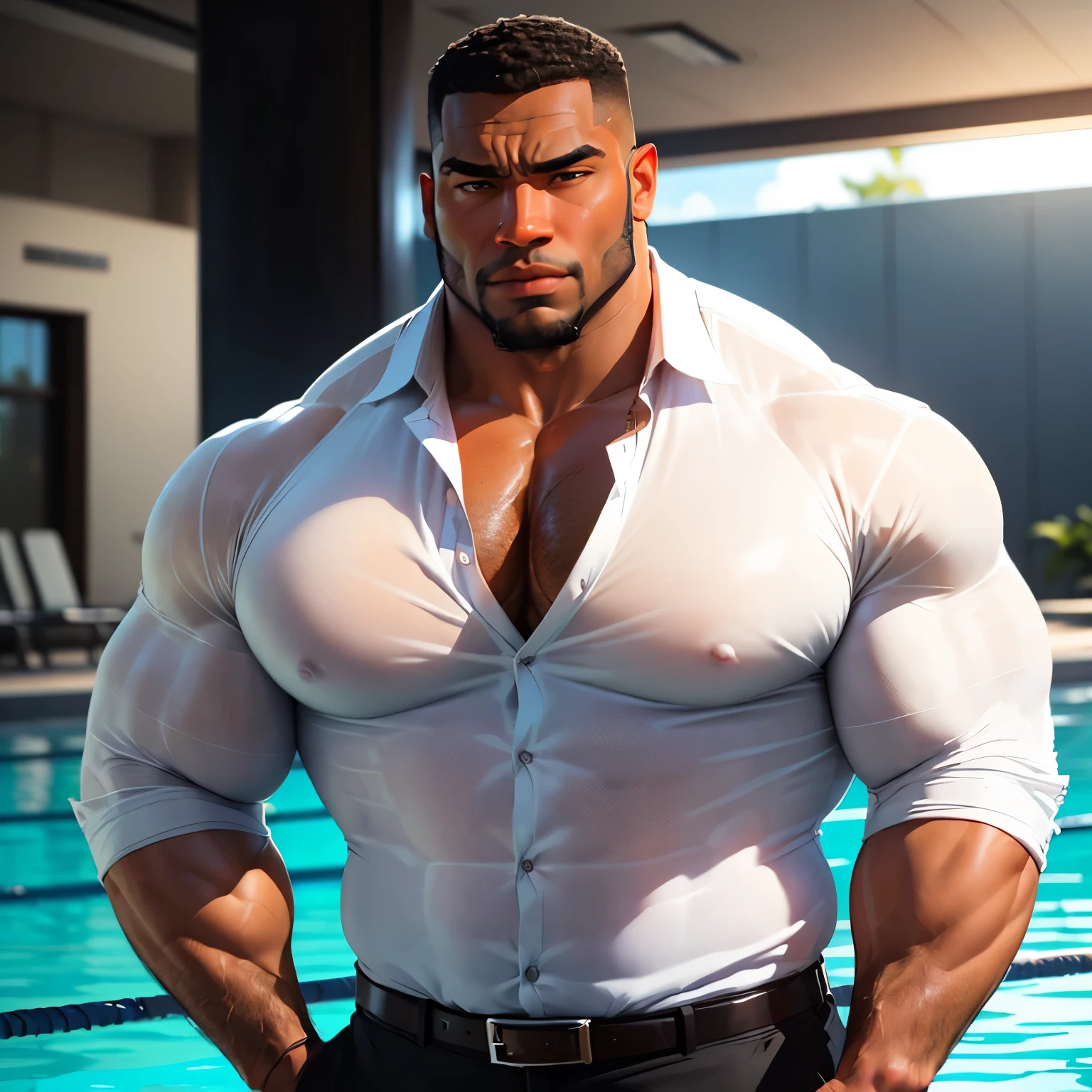 an exaggeratedly muscular and large bodyguard, beefy build, beard, dark-skinned african american male, buzzcut hair with square line, (nervous expression: 1.2), (wearing see-through white business shirt: 1.1), (bara pecs: 1.3), beefy pecs, (arm and chest hair: 1.3), portrait HD, (fancy swimming pool)