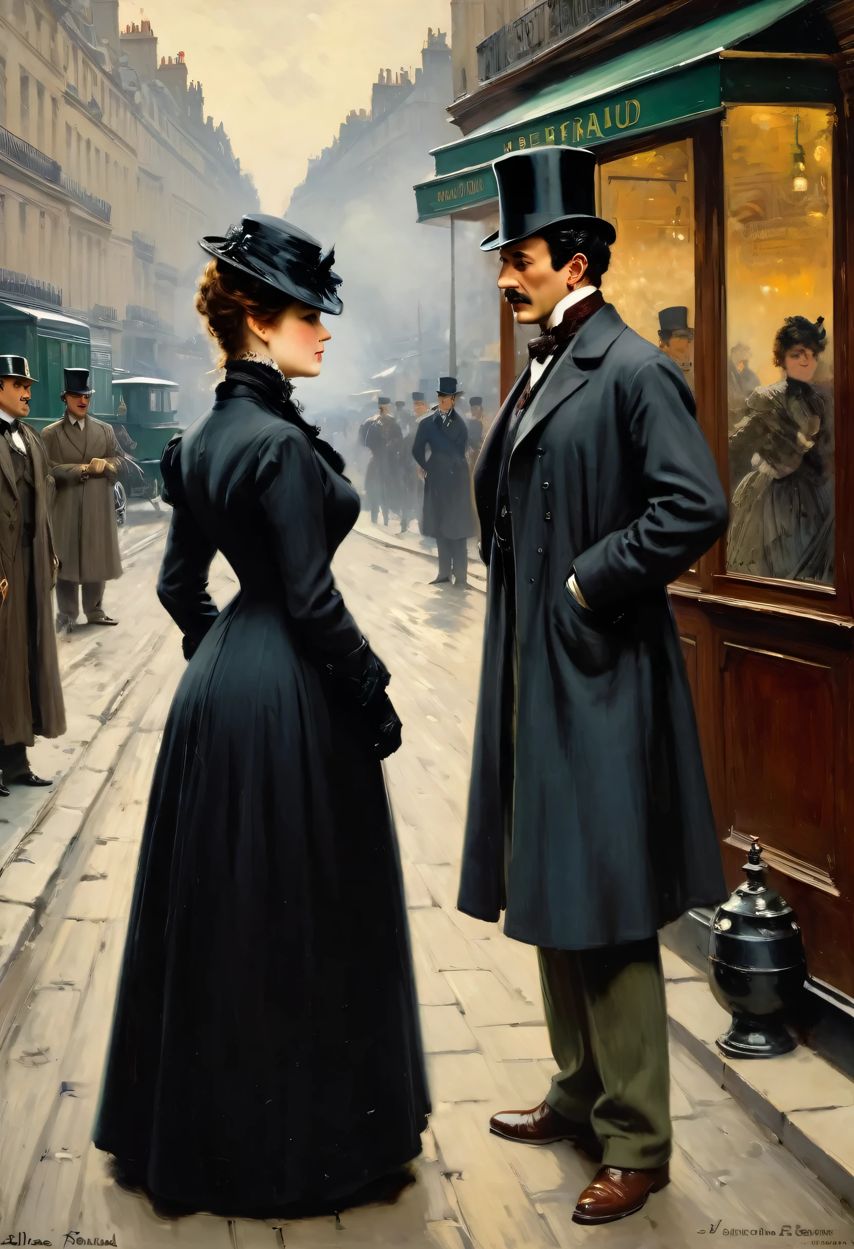 Victorian Scene, sherlock holmes and a voluptuous pretty Victorian widow having an argument standing face to face in Baker street,
by Jean Béraud, inspired by Jean Béraud, inspired by Édouard Detaille, edouard leon cortes, inspired by Ivan Kramskoi, inspired by Jean-Louis-Ernest Meissonier, by Édouard Detaille, inspired by Paul Émile Chabas
