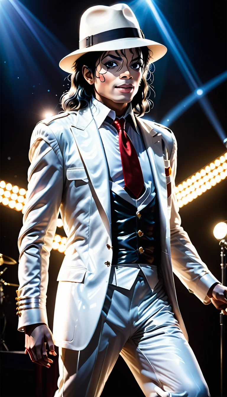 (smoothcriminal),1man\((michael jackson:2.0),white suit,necktie,white hat,singing and dancing,full body\), BREAK ,background\(many spot lights,(live stage),(many audience)\), BREAK ,quality\(intricate details, very sharp, detailed face, detailed skin,8k,wallpaper of extremely detailed CG unit, masterpiece,hight resolution,top-quality,top-quality real texture skin,hyper realisitic,increase the resolution,RAW photos,best qualtiy,highly detailed,the wallpaper,cinematic lighting,ray trace,golden ratio\),landscape,long shot,wide shot,dynamic angle