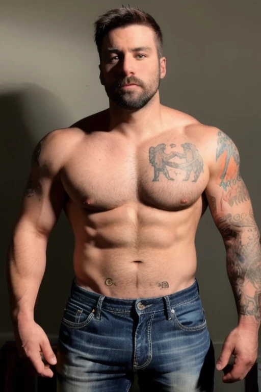 JordanBrandt, 45yo, short mustache and beard, wearing jeans, shirtless,