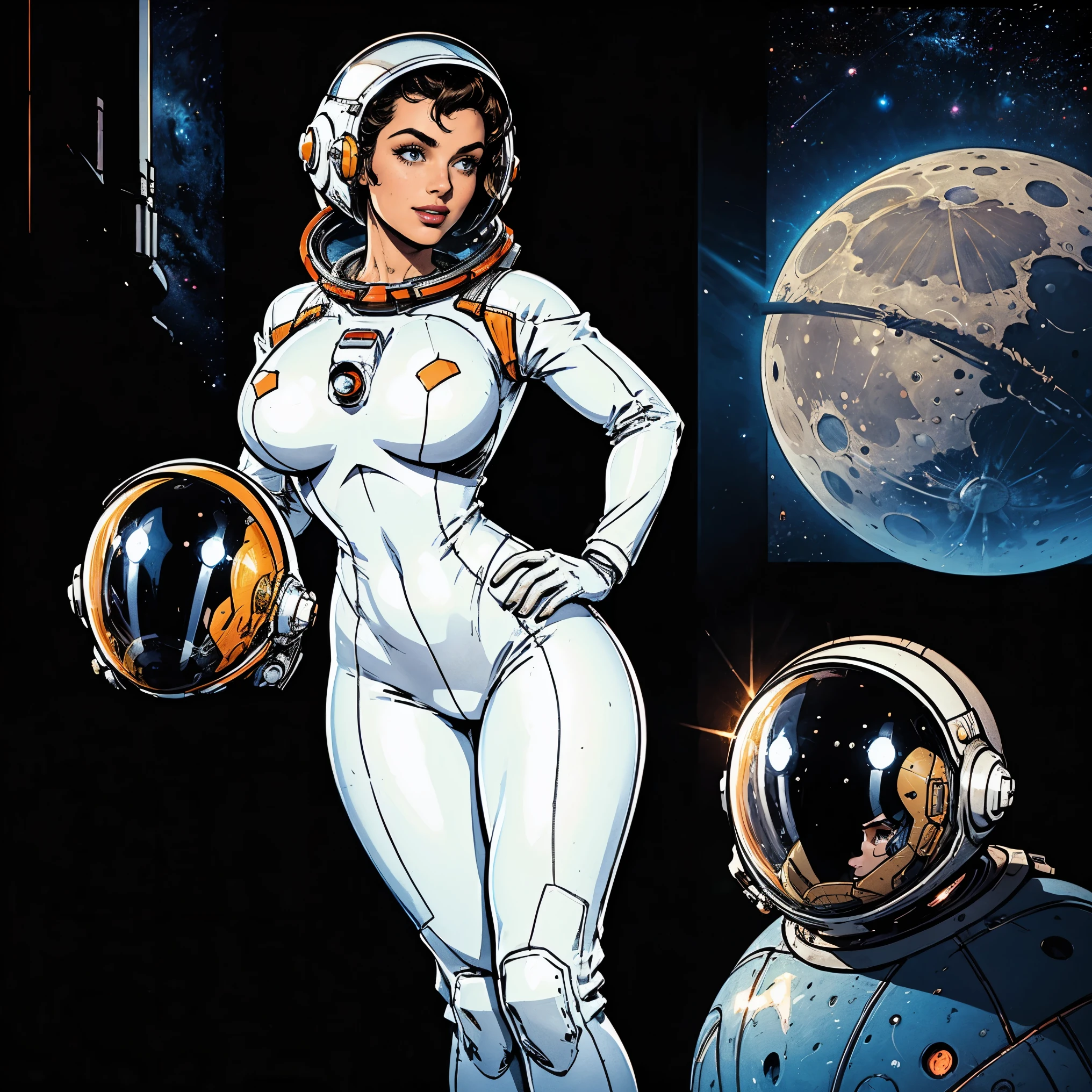 (masterpiece, top quality, best quality, official art, beautiful and aesthetic:1.2), (1girl:1.3), light freckles, fair skin, extremely detailed, portrait, looking at viewer, solo, (full body:0.6), detailed background, close up, (bright space pinup theme:1.1), busty 1950's pinup brunette space girl, charlatan, smiling, happy, mysterious, spacewalk, modest attire, white and orange space suit, spacesuit, helmet, bodysuit, ray gun, long boots, pouches, jetpack, glass helmet, rocket ship, ((((space helmet, narrow hips, slim sexy body, gigantic breasts)))), slim waist, slim hips, long legs, futuristic (lunar surface, on the moon, moon exterior:1.1) background, dark mysterious lighting, shadows, magical atmosphere, dutch angle,