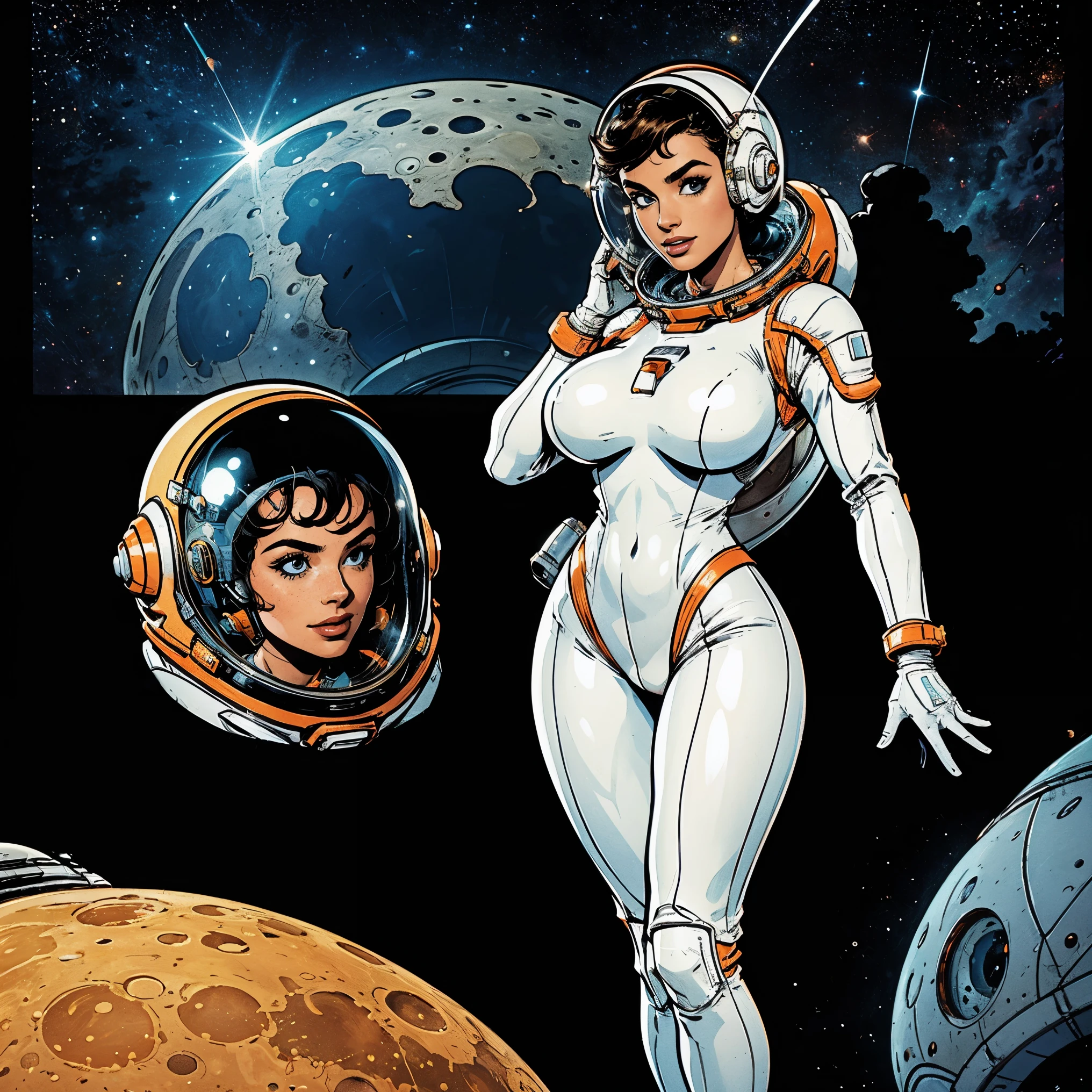 (masterpiece, top quality, best quality, official art, beautiful and aesthetic:1.2), (1girl:1.3), light freckles, fair skin, extremely detailed, portrait, looking at viewer, solo, (full body:0.6), detailed background, close up, (bright space pinup theme:1.1), busty 1950's pinup brunette space girl, charlatan, smiling, happy, mysterious, spacewalk, modest attire, white and orange space suit, spacesuit, helmet, bodysuit, ray gun, long boots, pouches, jetpack, glass helmet, rocket ship, ((((space helmet, narrow hips, slim sexy body, gigantic breasts)))), slim waist, slim hips, long legs, futuristic (lunar surface, on the moon, moon exterior:1.1) background, dark mysterious lighting, shadows, magical atmosphere, dutch angle,