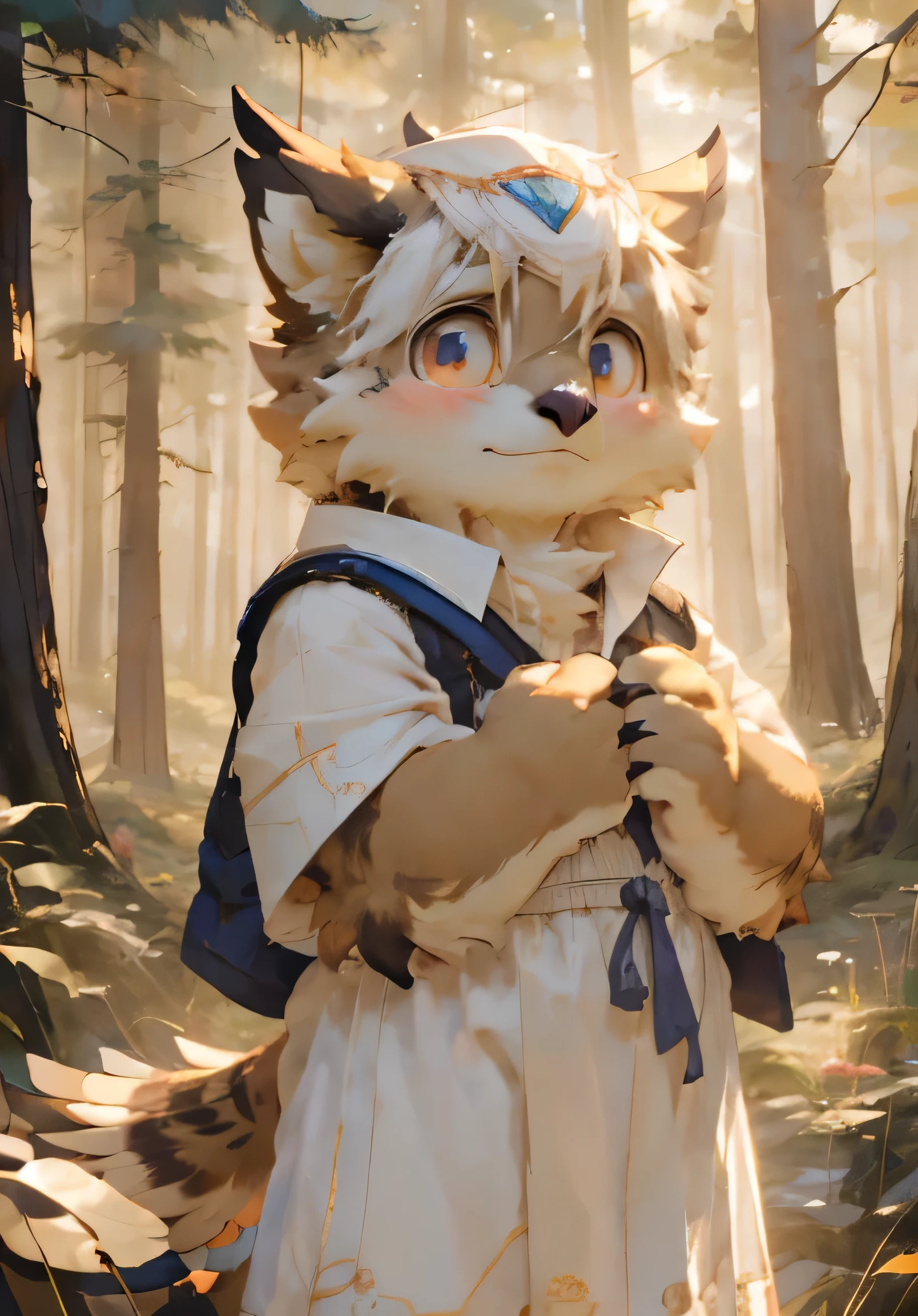 (masterpiece),(Very detailed),(best quality),hairy,owl,Golden fur,white hair,Black pupil,(Light luxury clothes),(blush:1.1),((Shy expression)),Forest background,8k,(high quality),(Ultra HD),(Ultra Detailed),(Young children),(Juvenile),Perfect sunshine,(Standing)