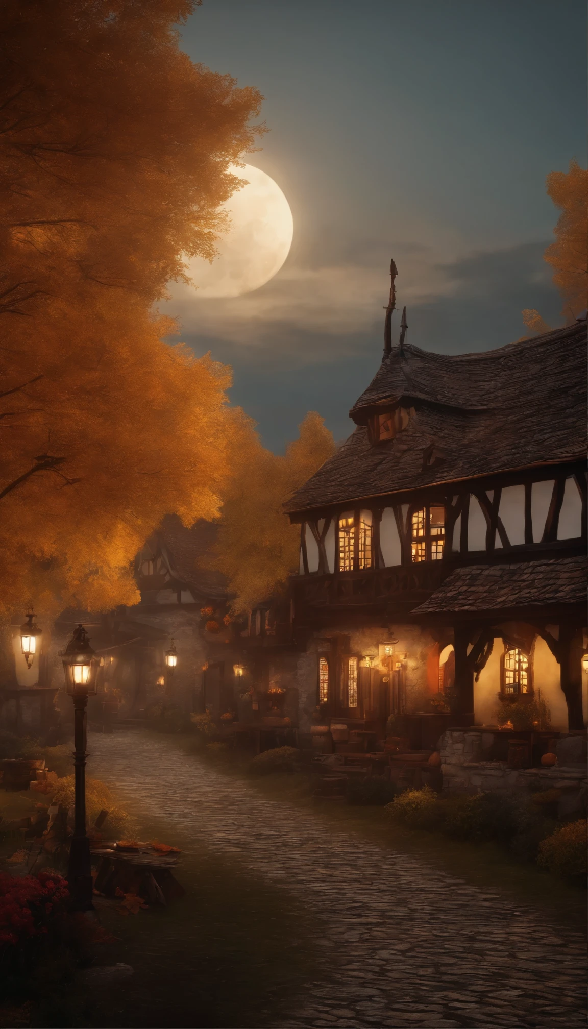 At the heart of a fascinating medieval tavern、Surrounded by seasonal autumn colors、A masterpiece of art and detail。highest quality、High resolution 8k CG wallpaper unit、As if we were there in person、It takes us into an extraordinary world filled with the intricacies of the facility.。 The scenery that unfolds before my eyes、orange、red、Dyed yellow、The autumn sky is enveloped in warmth and tranquility。Autumn twilight envelopes the scene、The cloudy sky adds a mysterious element.、The large moon shining in the distance emits a mysterious glow.。