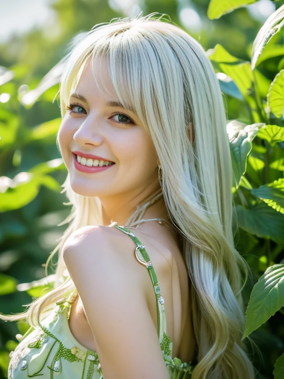 (8k), (highest quality), (masterpiece:1.2), (Realistic), (photoRealistic:1.37), Very detailed, (kiss),One girl,cute,smile, length_hair,Green plants,Beautiful fine details, Beautifully detailed nose, whole body,Huge breasts,Tracking,Pigsney, woman, White hair