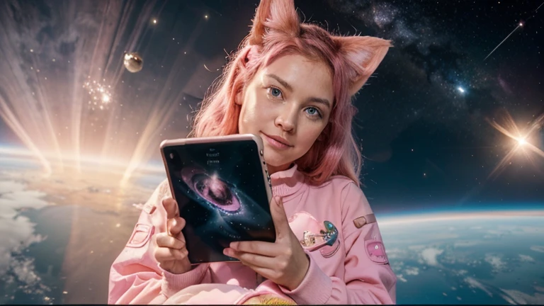 Jim Burst one cute(( pink ))cat with four legs and pointed ears holds an iPad, floating in space. It's colorful and bright