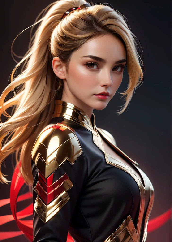 craft a hyper realistic vertical photo of most attractive serious woman in her 30s, blonde hair, small bun, cyberpunk golden mecha elegant cheongsam bodysuit and golden masked psychedelic warrior women, (metallic golden mask), using dark atmosphere mechanical detail cables and using katana black and red color palette gothic style, digital art, modern, sleek, highly detailed, formal, serious, determined, CEO, colorized, smooth, charming, pretty, soft smile, soft lips, black eyes, Trendsetter wolf cut brown hair, Gal Gadot, Emma Watson,
(color-field, conceptual, contemporary, digital, geometric, minimalism)
(   by  Ellen Jewett Raymond Swanland Mike Winkelmann )